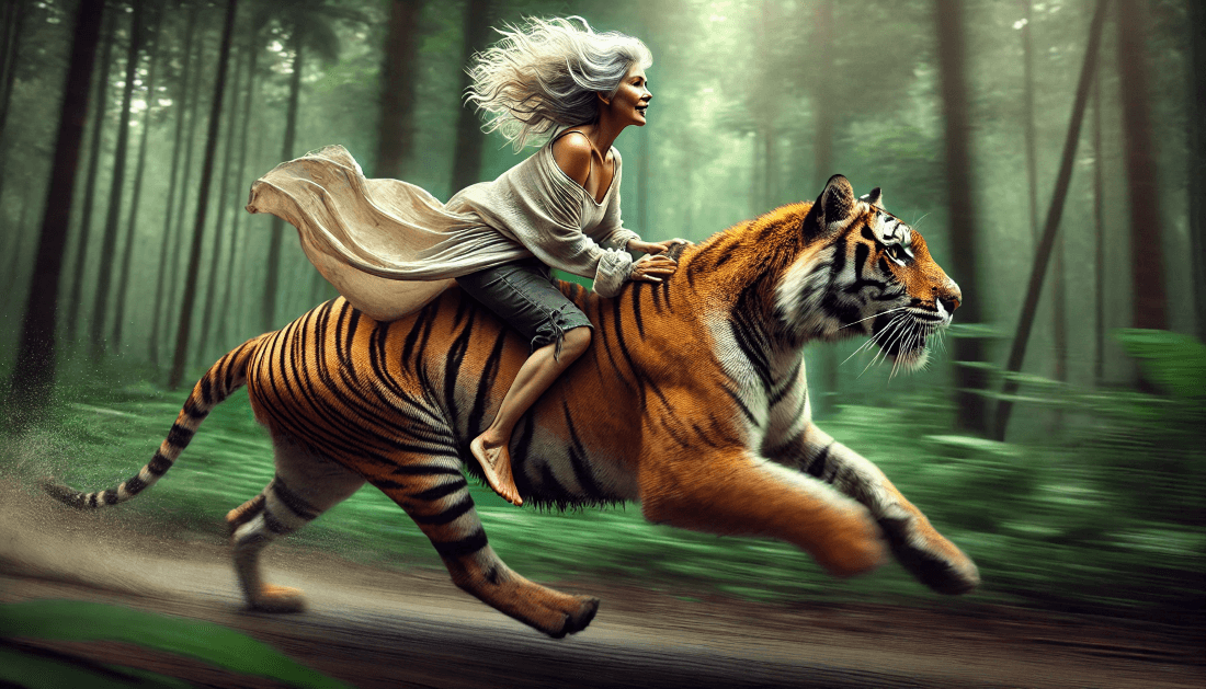 An exuberant woman rides a tiger bounding through the jungle