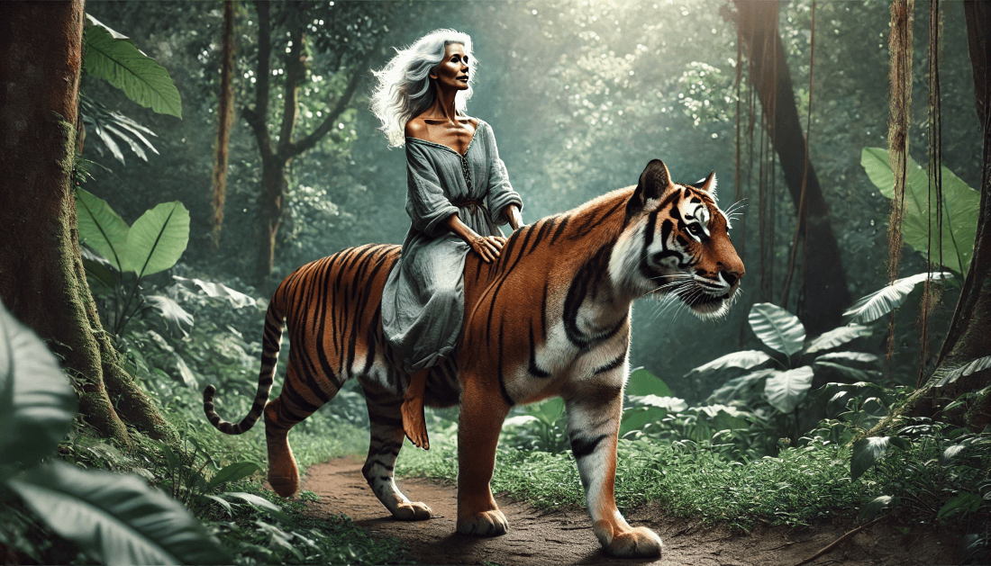 A woman riding a tiger as it walks majestically throught the jungle.
