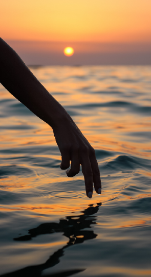 Finger touching water in sunlight