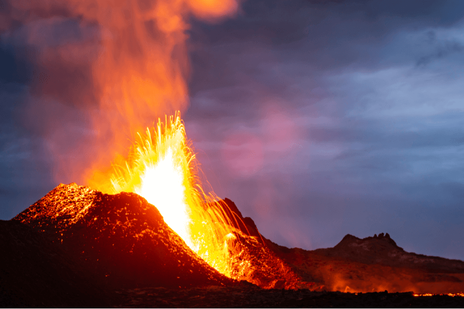 An erupting volcano, representing Fire.