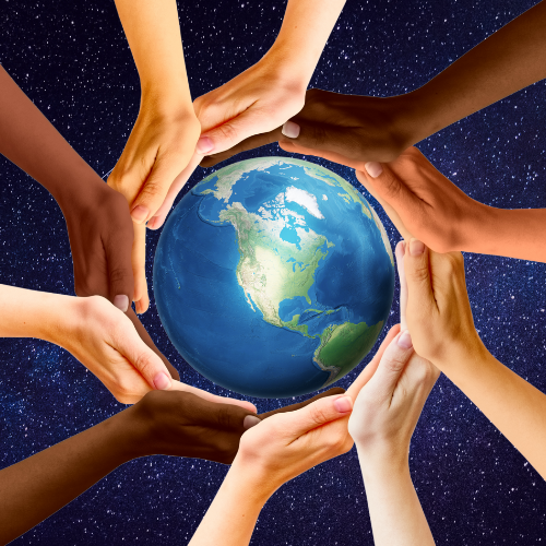 Hands around Earth in a starry sky